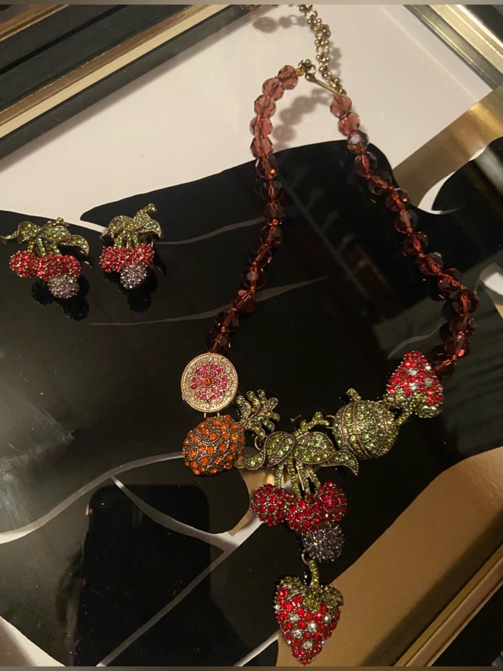 Signed K9 Brand Crystal Fruit Statement Necklace and Earrings Red, Green, Orange